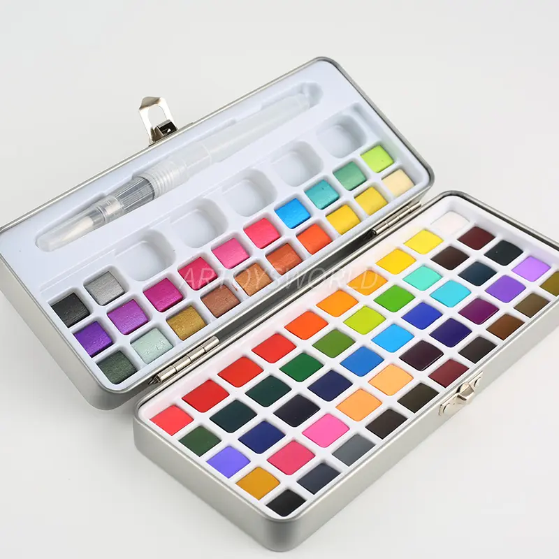 72-Color Solid Watercolor Set in Tin Box - Includes Regular and Pearl Shades, Paintbrush, and Mixing Palette