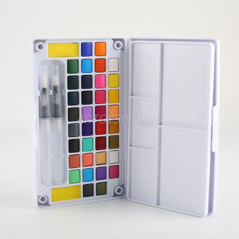 36 Color Solid Watercolor Paint Set with 2 Brushes, 2 Sponges, and Mixing Palette - Plastic Box for Convenient Storage and Travel (3).jpg