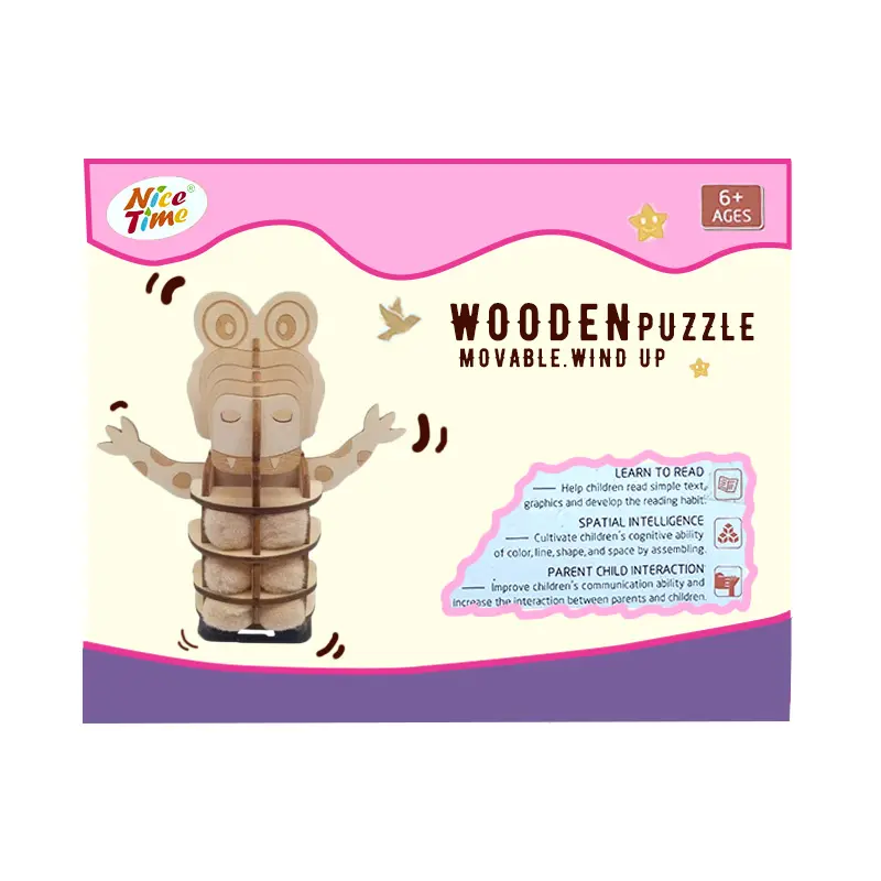 3D Wooden Jigsaw Puzzles Animals Model DIY Clockwork Kids Toy