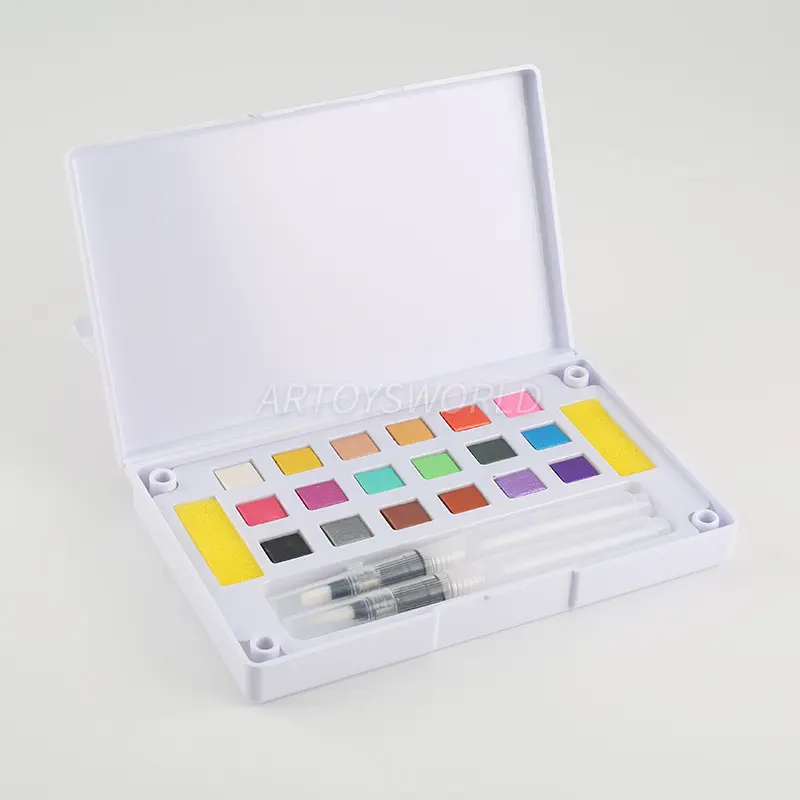 18 Color Pearlescent Solid Watercolor Paint Set with 2pcs Brushes, 2pcs Sponges, and Mixing Palette - Plastic Box for Easy Storage and Travel