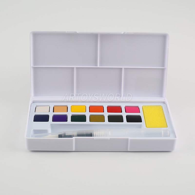 12 Color Solid Watercolor Paint Set with Brush and Sponge - Plastic Box for Easy Storage and Travel