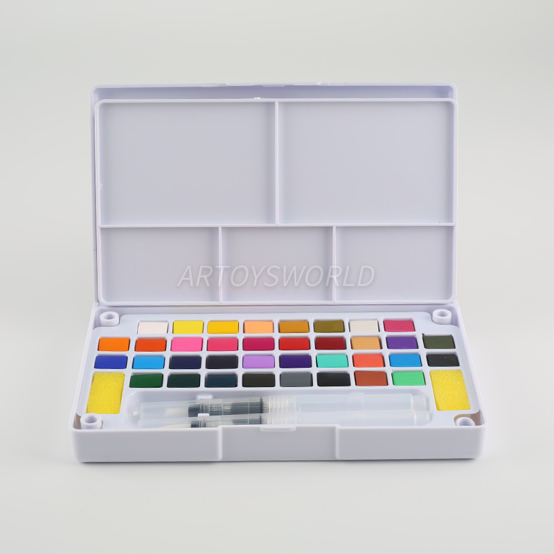 36 Color Solid Watercolor Paint Set with 2 Brushes, 2 Sponges, and Mixing Palette - Plastic Box for Convenient Storage and Travel (2).jpg